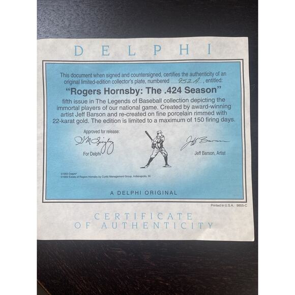 DELPHI ROGER HORNSBY THE .424 SEASON LARGE 8" PLATE BRADFORD EXCHANGE - Picture 5 of 7